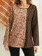 Floral Print Patchwork Button O-neck Long Sleeve Casual Blouse - Coffee
