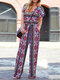 Damen-Kurzarmshirt mit böhmischem geometrischem Print und V-Ausschnitt Jumpsuit - Rosa