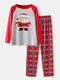 Christmas Cartoon Santa Claus Print Raglan Sleeve Loose Plaid Pants Home Pajamas Set - Red