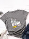 Cartoon Cat Printed O-neck Short Sleeve T-shirt - Dark Grey
