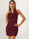 Solid Halter Backless Tie Sleeveless Folds Bodycon Sexy Dress - Wine Red