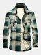 Mens 100% Cotton Plaid Lapel Plush Lined Thicken Casual Shirt Jackets - Green