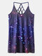 Women Galaxy Stars Print Halter Sleeveless Backless Sexy Dress - Blue