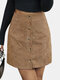 Solid Color Corduroy Single Breasted Pocket A-lined Skirt - Khaki