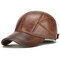 Mens Winter Genuine Leather Baseball Caps With Ear Flaps Outdoor Warm Trucker Adjustable Hats - Yellow Brown