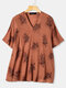 Flowers Print V-neck Short Sleeve Summer Plus Size T-shirt - Orange
