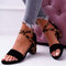 Women Casual Cross Buckle Strap Leopard Chunky Heels Sandals - Black