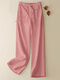 Women Solid Cotton Drawstring Waist Casual Straight Pants - Pink