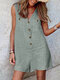 Solid Pocket Button Sleeveless V Neck Casual Romper - Green