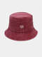 Unisex washed Made-old Cotton Solid Color Crown Pattern Embroidery Simple Bucket Hat - Wine Red