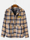 Mens Plaid Letter Patched Button Up Lapel Loose Double Pocket Jacket - Coffee
