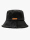 Unisex Washed Dacron Solid Color Letter PU Label Rough Edges All-match Sunshade Bucket Hat - Black