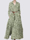 Geo Print Pocket Pleated Long Sleeve Maxi Dress - Green