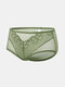 Plus Size Women Solid Mesh See Through Lace Breathable Mid Waisted Panties - Green