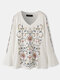 Vintage Floral Print V-neck Long Bell Sleeve Casual Blouse for Women - White