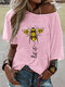 Flower Bee Letter Print Short Sleeve T-shirt For Women - Pink