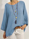 Casual Solid Color O-neck Long Sleeve Loose Blouse - Blue