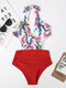 Women  Swimwear Floral Print Patchwork Plunge Halter Open Back One-Piece - Red