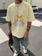 Herren-T-Shirt mit Rundhalsausschnitt und kurzen Ärmeln, Cartoon-Ente, Katze-Print - Aprikose