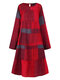 Casual Plaid Print O-neck Long Sleeve Plus Size Dress for Women - Wine Red