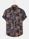 Mens Ethnic Pattern Lapel Button Front Short Sleeve Shirts - Navy