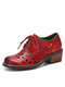 Socofy Couro Genuíno Retro confortável respirável oco com cadarço sapatos Oxfords de salto baixo - Vermelho