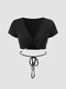 Solid Hollow Tie Short Sleeve V-neck Crop Top - Black