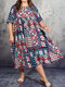 Bohemian Geometric Ethnic Color Block Plus Size Dress with Pocket - Blue