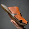 Men No Glue Hand Stitching Soft Non Slip Closed Toe Leather Slippers - Red Brown