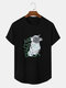Mens Letter & Dog Print Crew Neck Short Sleeve Curved Hem T-Shirt - Black