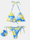 Women Tie Dye String Halter Backless Micro Bikinis Beachwear With Scrunchie - Blue