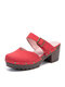 Large Size Women Fashion Rivet Buckle Decor Slip On Backless High Chunky Heels Sandals - Red