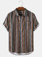 Mens Vintage Striped Print Short Sleeve Curved Hem Holiday Shirt - Brown