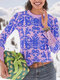 Vintage Calico Printed Long Sleeve O-neck Button T-shirt For Women - Blue