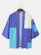 Mens Color Block Open Front Preppy 3/4 Sleeve Kimono - Blue