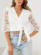 Lace Solid Tie V-neck 3/4 Sleeve Crop Top For Women - White