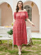 Plus Size Off The Shoulder Calico Lettuce-Edge Short Sleeves Dress - Red