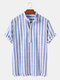 Mens Striped Print Breathable Short Sleeve Summer Henley Shirts - Blue