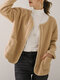 Solid Pocket Zip Front Long Sleeve Polar Fleece Jacket - Khaki