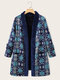 Plus Size Vintage Ethnic Pattern Pocket Casual Women Coat - Blue