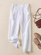 Women Solid Button Detail Cotton Casual Pants With Pocket - White