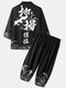 Mens Chinese Crane Wave Back Print Kimono Cropped Two Pieces Outfits - Black