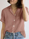 Solid Button Front Pocket Lapel Short Sleeve Shirt - Pink