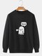 Mens Cartoon Animal Print Crew Neck Loose Pullover Sweatshirts - Black