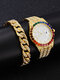 2 Pcs/Set Alloy Men Casual Full Rhinestone Watch Decorated Pointer Calendar Quartz Watch Chain Bracelet - Gold