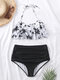 Women Floral Print Ruffle Halter Pleated High Waisted Bikinis Swimsuit - White