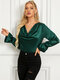 Solid Satin Cowl Neck Long Sleeve Elegant Women Blouse - Dark Green