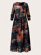 Plus Size Ethnic Pattern O-neck High Waist Vintage Print Dress - Black