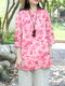 Women Floral Print Side Button Design 3/4 Sleeve Blouse - Pink