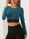 Solid Color Lace Patchwork Long Sleeve O-neck Crop Top - Blue